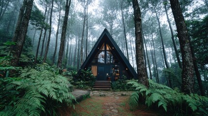 Fototapeta premium Serene A-Frame Cabin in Lush Forest Environment Under Foggy Sky