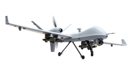 Military drone aircraft with weapons isolated on transparent background