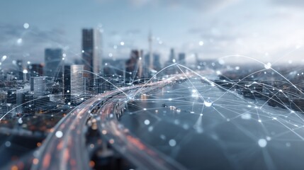 A futuristic cityscape with digital connections overlaid, showcasing urban architecture and technological integration.