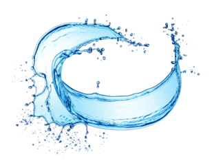 A dynamic water splash in a crescent shape against a solid black background