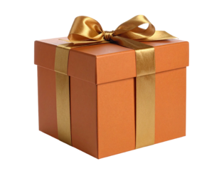 A square, orange gift box adorned with a gold ribbon and bow, presented against black