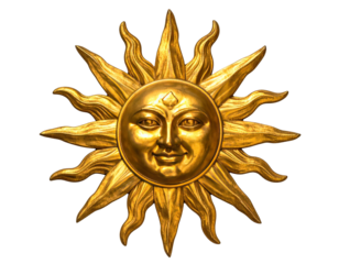 A radiant golden sun with a smiling face and pointed rays against a black background