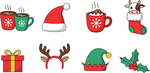 Festive Christmas Icons Including Hot Chocolate Santa Hat Stocking and Gifts Keywords: Christmas, holiday, festive, icon, set, collection, cartoon, illustration, design, graphic, vector, hot