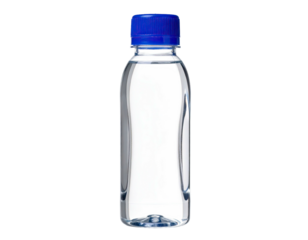 Clear plastic bottle, filled with water, and a blue cap against a dark background