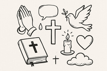 Religious Symbols Doodle – Hand-Drawn Confession, Cross, Dove & More