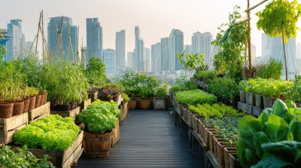 Fototapeta premium Urban Rooftop Garden with City Skyline in Background at Sunset
