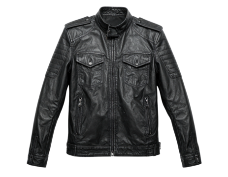 A stylish, rugged black leather jacket featuring a zipped front, pockets, and tailored fit