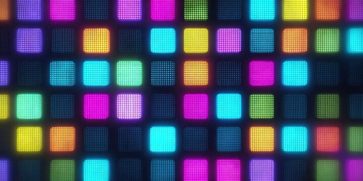 Colorful pixel grid glowing neon squares abstract pattern with soft blur and digital texture vibrant lighting mood