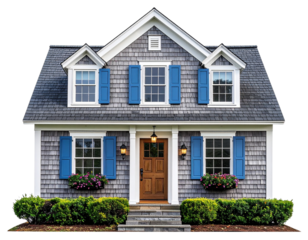  - Classic Cape Cod House with White Trim and Blue Shutters, isolated on transparent background 