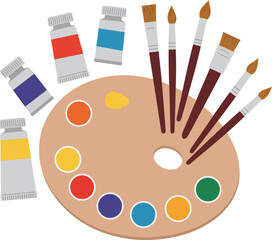 Artistic palette with colorful paints and brushes for creative projects isolated on transparent background