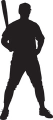 Black silhouette of a baseball player in batting stance holding a bat with hands on hips on a white background