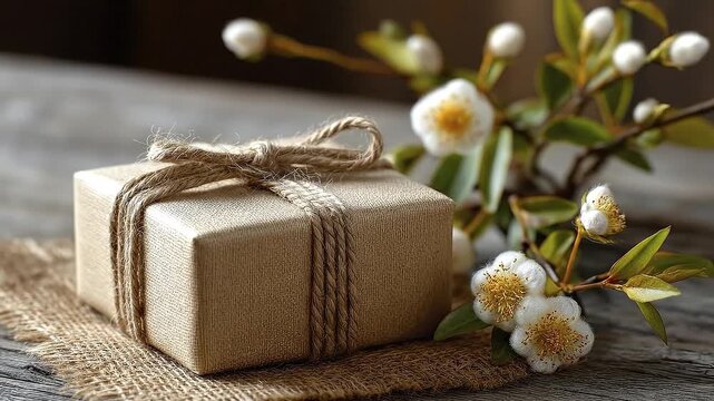 A tan gift box with twine on burlap next to flowering branches