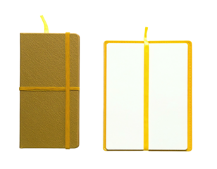 Two rectangular objects, one brown, one white, bound by a yellow elastic band
