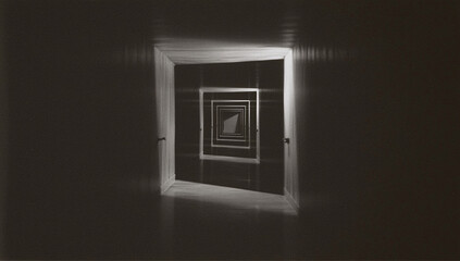 A liminal space featuring a repeated door frame effect that creates a sense of infinite recession down a corridor