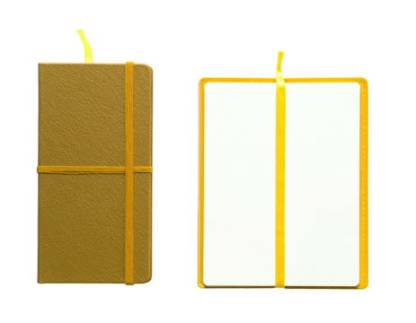 Two rectangular objects, one brown, one white, bound by a yellow elastic band
