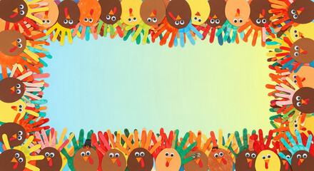 Colorful, cutout turkey border with paper handprint feathers on a gradient background, representing Thanksgiving celebration and child art project; free space