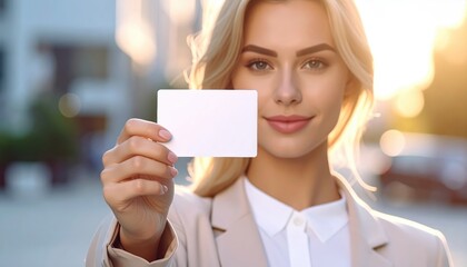 Woman presenting business card professional introduction image shows woman holding business card ready for professional exchange