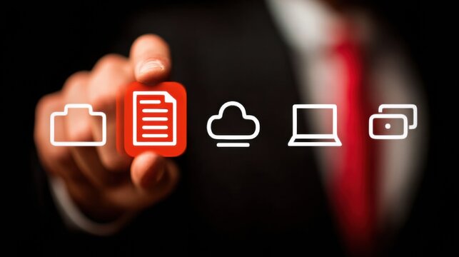 Document file icon cloud laptop folder wallet businessman touching digital document icon with red highlight and blurred suit and tie background, conveying secure document management and cloud