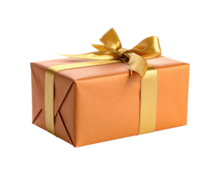 Wrapped gift box in orange wrapping with a gold ribbon bow, isolated on transparent background