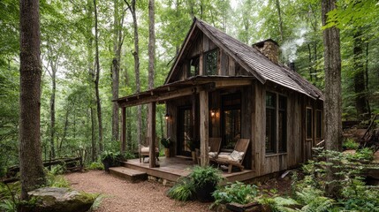 Cozy Wooden Cabin Surrounded by Lush Green Forest Landscape