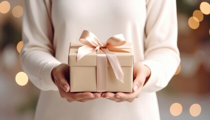 Woman holding gift box with pink ribbon woman gently holds beautifully wrapped gift box adorned with pink ribbon presenting thoughtful gesture