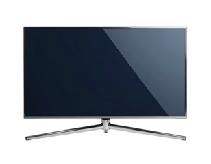 A sleek, glossy-screen flat-panel television with a silver stand, isolated on black