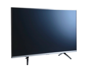 A modern, flat-screen television with a sleek silver frame and stand, angled on a black background