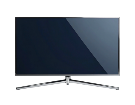 A sleek, glossy-screen flat-panel television with a silver stand, isolated on black