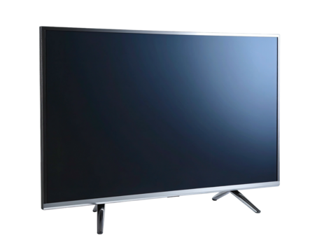 A modern, flat-screen television with a sleek silver frame and stand, angled on a black background