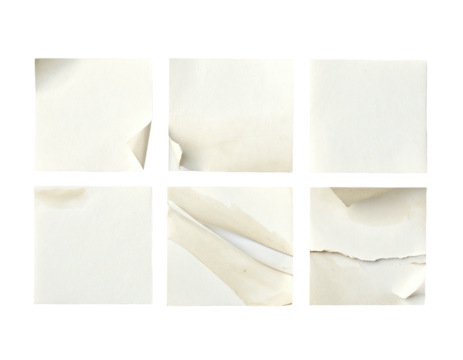 Six squares of vintage, aged paper with torn edges and curled corners on a black background