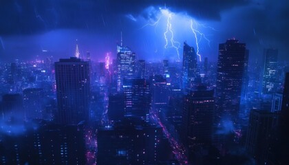 Fototapeta premium A nighttime city scene shows skyscrapers illuminated against a stormy sky filled with lightning bolts and rain.