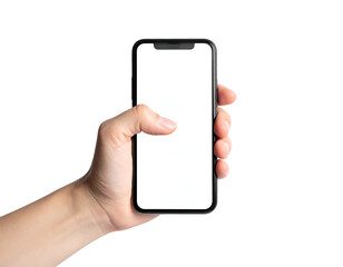 A person's hand holding a blank screen smartphone against a stark black backdrop
