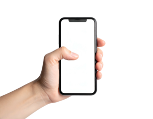 A person's hand holding a blank screen smartphone against a stark black backdrop