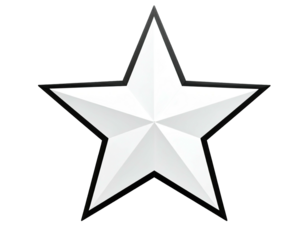 A stylized five-pointed star with a gradient white fill and a dark gray outline on black
