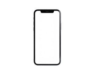 A close-up frontal view of a modern smartphone with a blank white screen, isolated