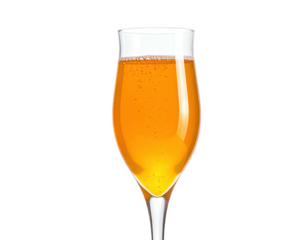 A tall, elegant champagne flute filled with a sparkling golden-orange effervescent beverage