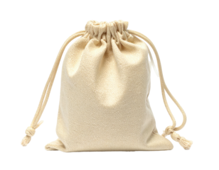 Beige fabric drawstring bag with a gathered top and adjustable rope ties, isolated