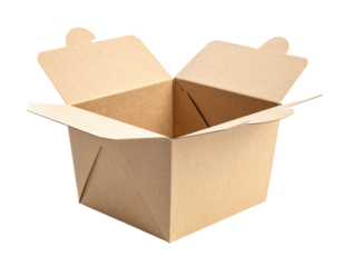 An empty, open, and sturdy brown paperboard container against a plain black background
