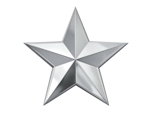 A metallic, five-pointed star rendered with gradients and reflections, isolated on a black background