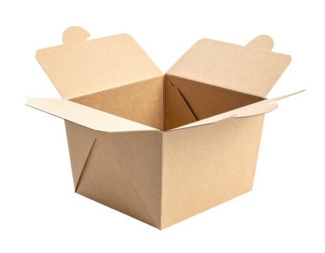 An empty, open, and sturdy brown paperboard container against a plain black background