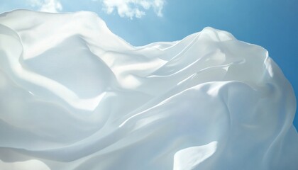 Obraz premium A piece of white fabric is dramatically flowing in the wind, creating soft folds and curves against a backdrop of a clear blue sky with a few wispy clouds.