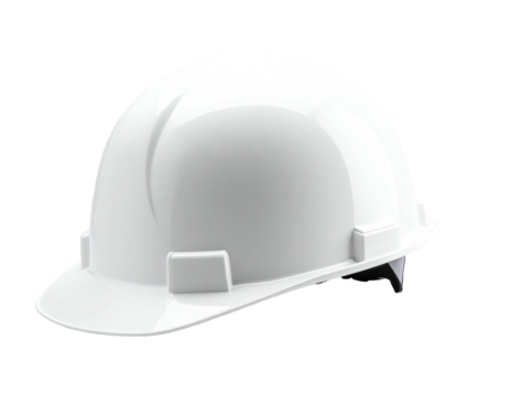Studio shot of a single white protective hard hat, angled slightly to the right, no background
