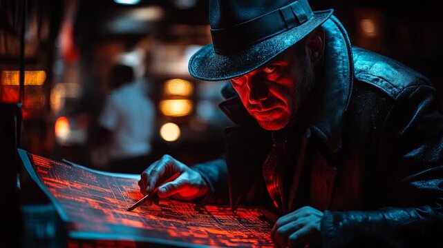 Mysterious Detective Studying Map in Dimly Lit Cityscape at Night.