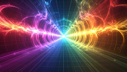 Vibrant Abstract Light Tunnel with Energetic Spectrum and Geometric Lines.