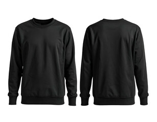 Front and back view of a plain, black crew neck sweatshirt on a black background