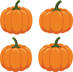 Four ripe orange pumpkins with green stems for autumn harvest and halloween decorations isolated on transparent background