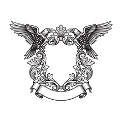 Fototapeta premium Vintage Heraldic Frame with Two Spreading raven bird and Ornate Baroque Scrollwork Engraving