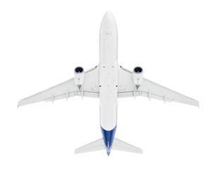 Overhead view of a modern jet airliner with wings outstretched against a black backdrop