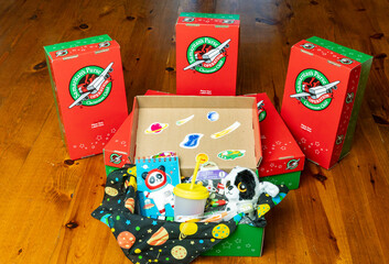 Operation Christmas Child boxes filled with gifts and toys for children around the world
