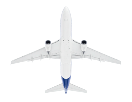 Overhead view of a modern jet airliner with wings outstretched against a black backdrop